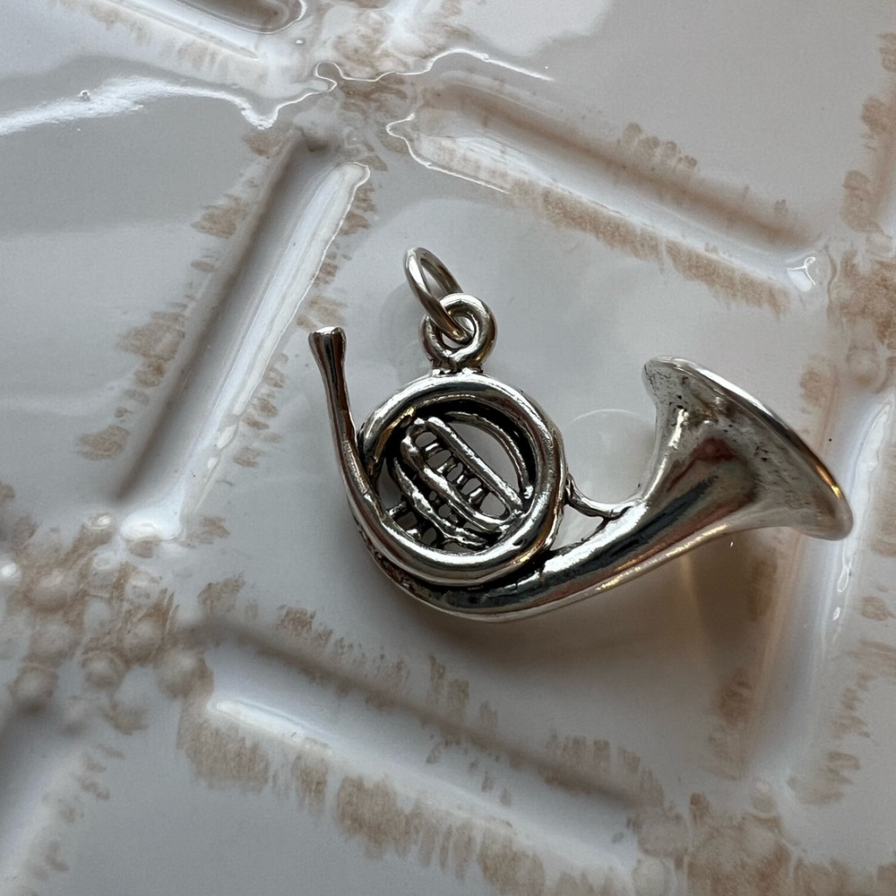 French Horn Vintage Charm NOS Silver Tone Music Pendant